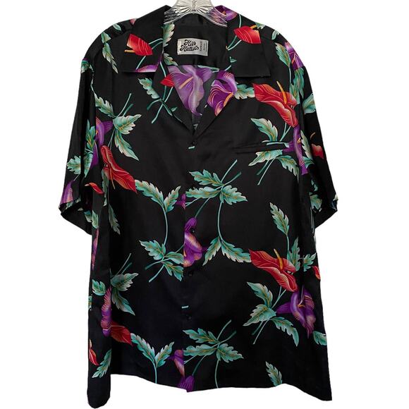 Vtg HILO HATTIES Men's Sz L XL Hawaiian Shirt Black Floral Print Short Sleeve - Picture 1 of 5